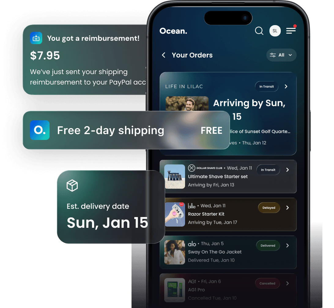 Ocean app showing order tracking with a shipping reimbursement, free 2-day shipping and estimated delivery date